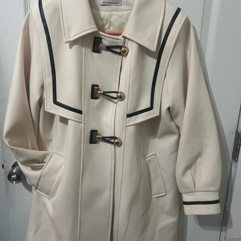 J.ING Cream Trench Coat with Wide Collar and Dark Trim